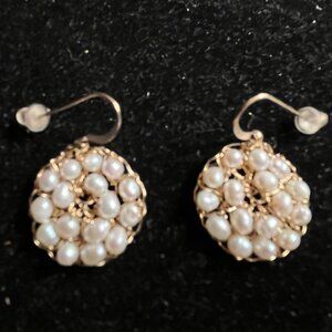 Handknit gold wire and seed pearl earrings